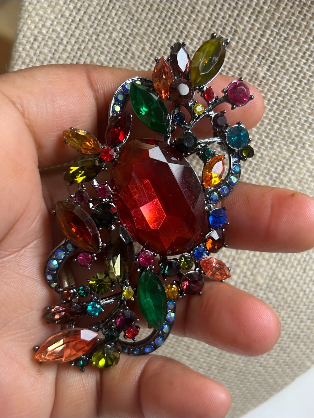 Multicolor Crystal Statement Brooch with Large Red Center